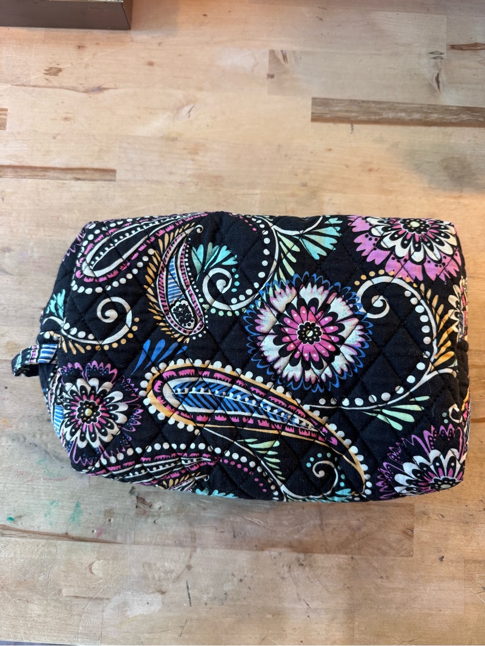 Vera Bradley Black Quilted Paisley Floral Cosmetic Pouch with Multicolor Accents